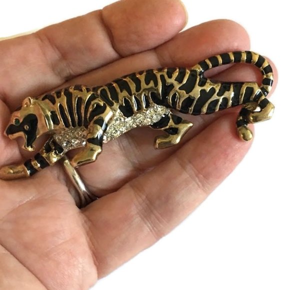 Vintage CRAFT Rhinestone Tiger Brooch Signed  Figural pin Gold and Black - Picture 2 of 9